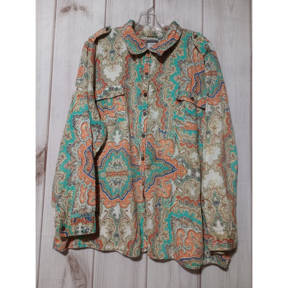 Jaclyn Smith Woman 3X Paisley Button‎ Down Shirt Cotton Long Sleeve Teal Orange